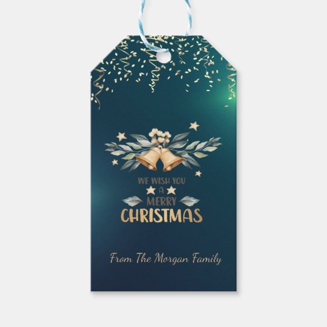 Festiv konfetti, julklockor, grön presentetikett (Framsidan)