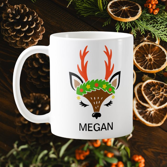 Festiv Krans med Bär Jul Udder Renarnas Ansikte Kaffemugg (Festive Berry Wreath Holiday Antlers Reindeer Face Coffee Mug
)