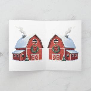Festiv lantlig stuga Snöig röd ladugård jul Kort