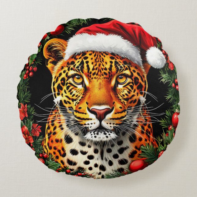 Festiv leopard som bär tomteluva rund kudde (Framsidan)