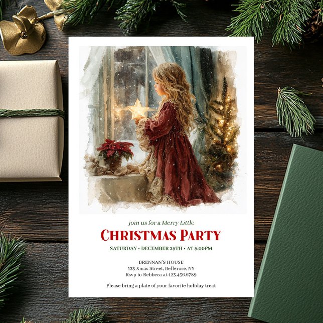 Festiv liten flicka som håller lysande stjärna uts inbjudningar (Festive little girl holding shining star printable invitation

)