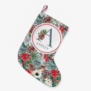 Festiv Lövverk Jul Blommig Initial Anpassat Namn Liten Julstrumpa