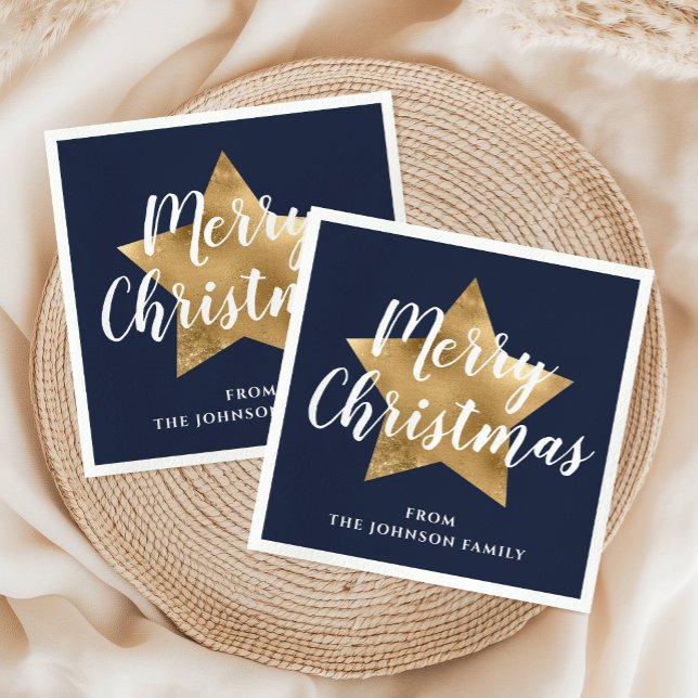 Festiv marinblå guldstjärna God Jul  Pappersservett (Festive Navy Blue Gold Star Merry Christmas Napkins)