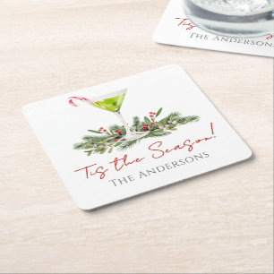 Festiv Martini och Misteltoe Candy Cane Cocktail Underlägg Papper Kvadrat