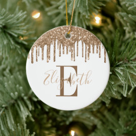Festiv monogram gul glitterdropp  julgransprydnad keramik
