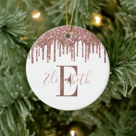 Festiv monogram roséguld glitterdropp julgransprydnad keramik