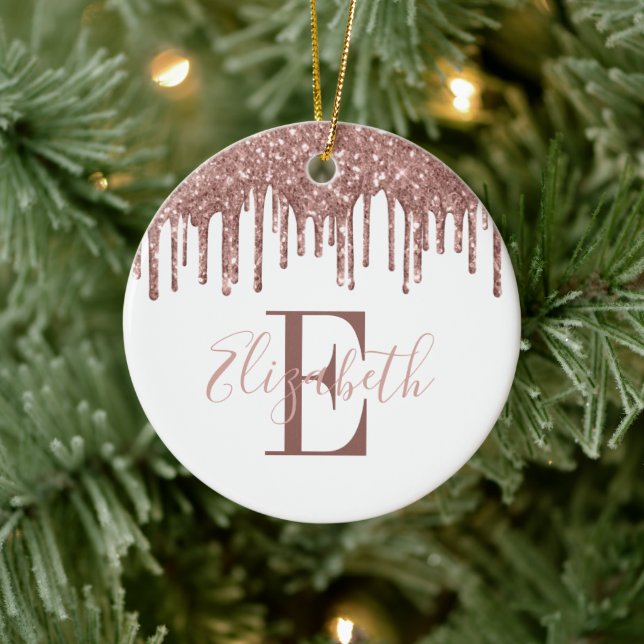 Festiv monogram roséguld glitterdropp julgransprydnad keramik (Träd)