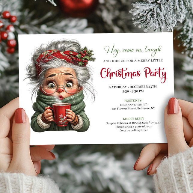 Festiv Mormor Tecknad Julinbjudan Inbjudningar (Festive Granny Cartoon Whimsical Xmas Invitation)