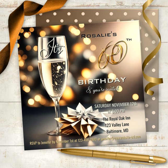 Festiv mousserande 60:e födelsedagen inbjudningar (Chic and festive 60th birthday party invitation featuring a sparkling beverage on a bokeh background)