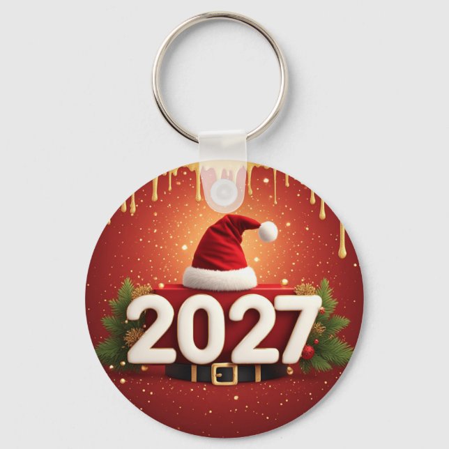Festiv Nyårsdesign 2027 | Röd Guld Jul Nyckelring (Framsida)