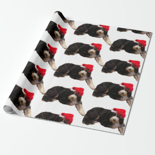 Festiv och söt bernedoodle med en julhatt presentpapper