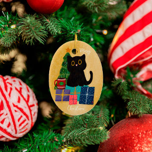 Festiv Orange God Jul Svart Katt Kaffe Julgransprydnad Keramik