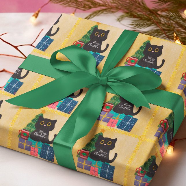 Festiv Orange Guld Jul Svart Katt Kaffe Presentpapper (Skapare uppladdad)