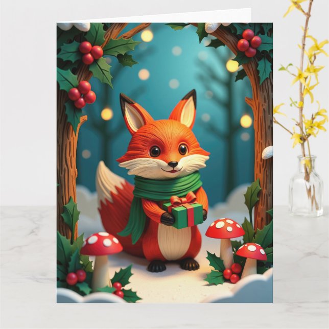 Festiv räv som håller present i snöig skog kort (Gul blomma)