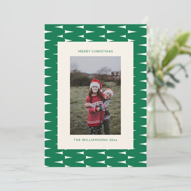 Festiv Retro Gröna Vågiga Linjer Jul Foto Julkort (Stående Fram)