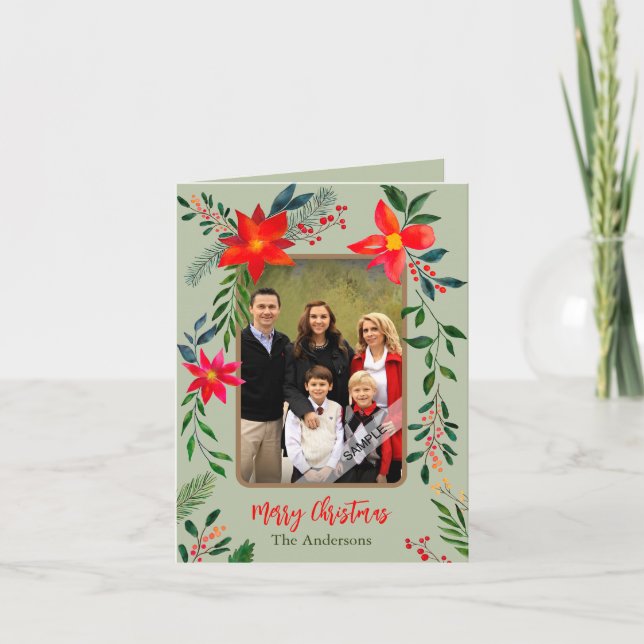 Festiv röd blomster vattenfärg 1 Foto Jul Helgkort (Framsida)