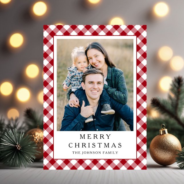 Festiv röd gingham fotokristall julkort (Festive Red Gingham Photo Christmas Holiday Card)