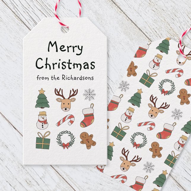 Festiv röd grön glad jul högtidlig mönster presentetikett (Festive Red Green Merry Christmas Holiday Pattern Gift Tags)
