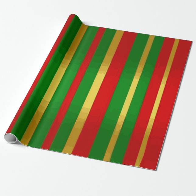 Festiv röd, grön och guldrandig mönster presentpapper (Utrullad)