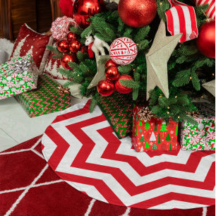 Festiv röd och vit chevron julgransmatta borstad polyester