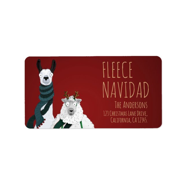 Festiv röd rolig lama & får ‘Fleece Navidad’  Adressetikett (Framsidan)