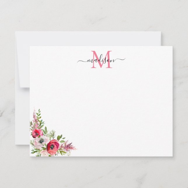 Festiv röd rosa blommig jul högtidlig monogram anteckningskort (Framsida)
