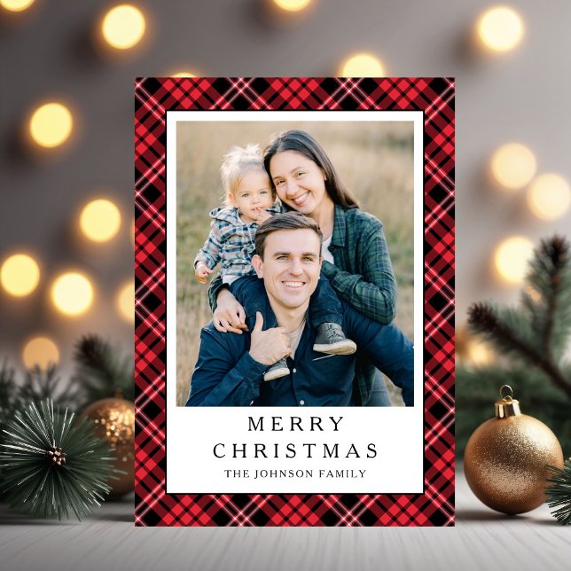 Festiv röd rutig foto jul julkort (Festive Red Plaid Photo Christmas Holiday Card)