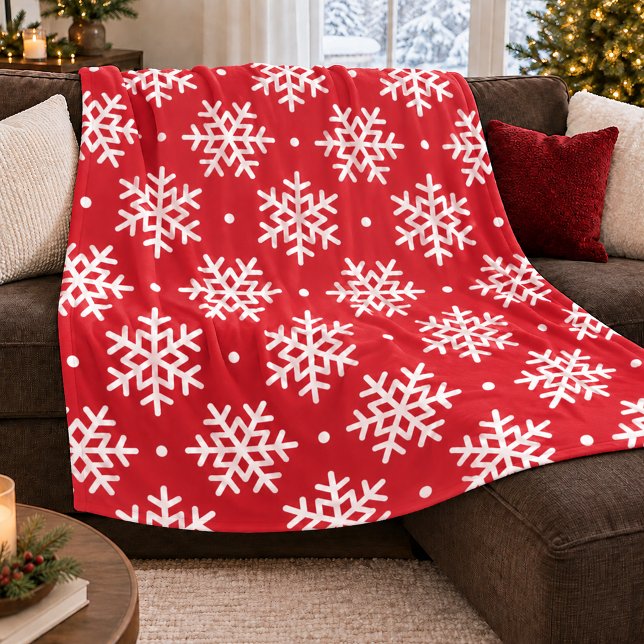 Festiv röd-vit snöflingemönster fleecefilt (Skapare uppladdad)