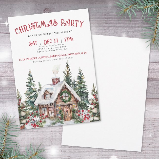 Festiv Röda Julfirande Vinter Högtidlig Julfest Inbjudningar (Festive Winter Watercolor Christmas Holiday Party Invitation)