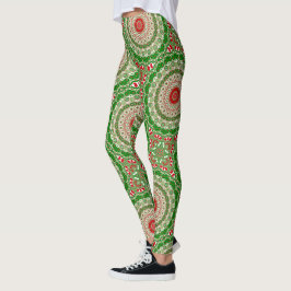 Festiv röda och gröna mandala med firande symmetri leggings