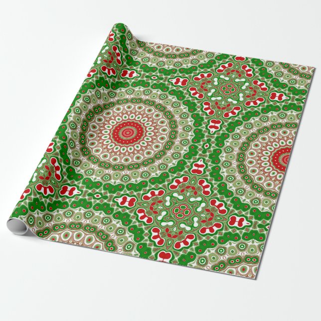 Festiv röda och gröna mandala med firande symmetri presentpapper (Utrullad)