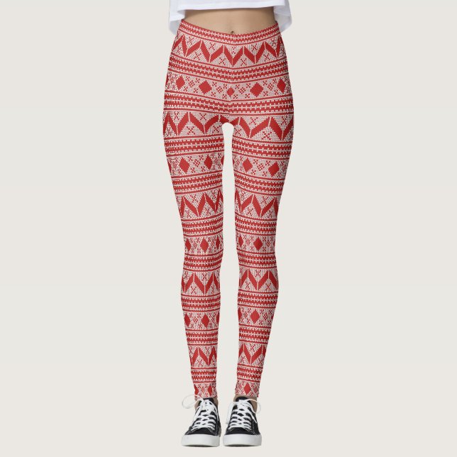 Festiv rödbetad och vit mönster leggings (Framsida)