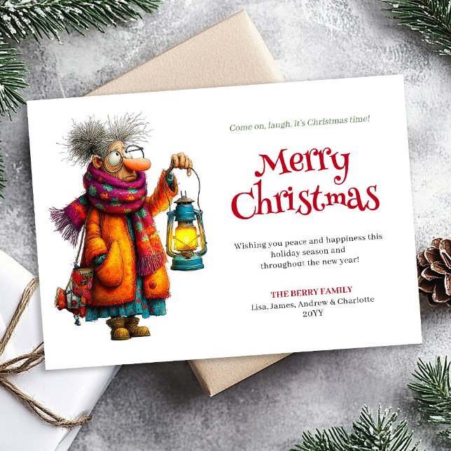 Festiv Rolig Kvinnlig Redigerbar Julhälsning  Julkort (Festive Funny Woman Editable Christmas Greeting Card)