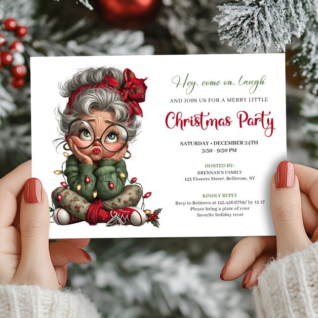 Festiv Rolig Mormor Julfirande Inbjudningar (Festive Funny Grandma Christmas Event Invitation)