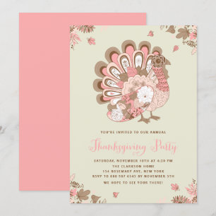 Festiv Rosa Blommigt Turkiet Thanksgiving Party Inbjudningar