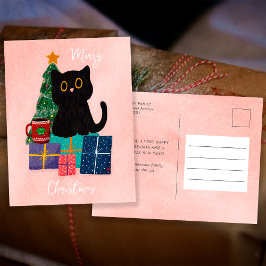 Festiv rosa God Jul Söt svart katt Kaffe Helg Vykort