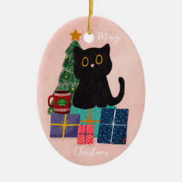 Festiv rosa God Jul Söt svart katt Kaffe Julgransprydnad Keramik
