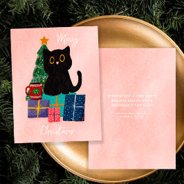 Festiv rosa God jul söt svart katt kaffe Julkort