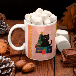 Festiv rosa God Jul Söt Svart Katt Kaffe Kaffemugg