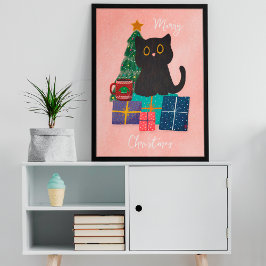 Festiv rosa jul söt katt kaffe väggkonst