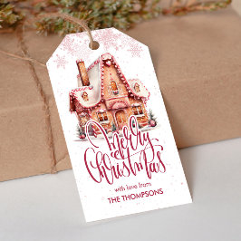 Festiv rosa julgodishus-favor presentetikett