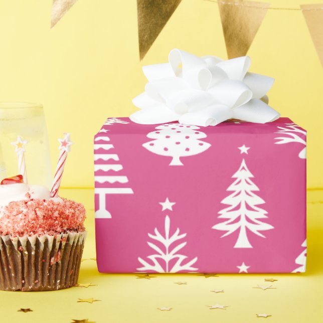 Festiv rosa och vit julgranmönster presentpapper (Födelsedagsfest)