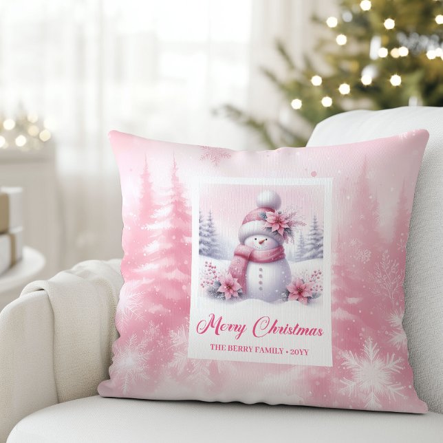 Festiv rosa snöman vinter skog barnkudde kudde (Festive Pink Snowman Winter Forest Kids Pillow)