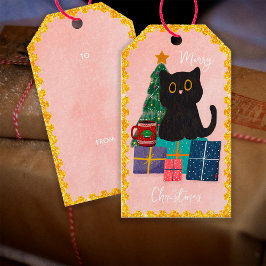 Festiv Rosa Svart Katt Kaffe Jul Holiday Presentetikett