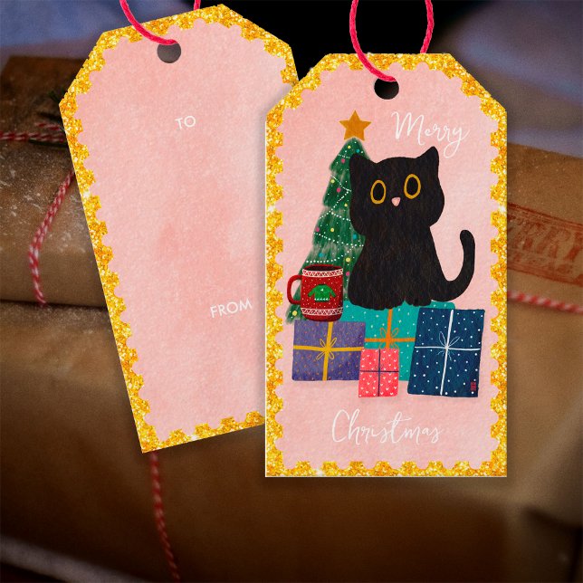 Festiv Rosa Svart Katt Kaffe Jul Holiday Presentetikett (Front and Back)