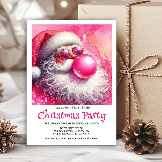 Festiv rosa tomte tuggummi vattenfärg inbjudan  (Festive pink santa chewing gum watercolor invite card)