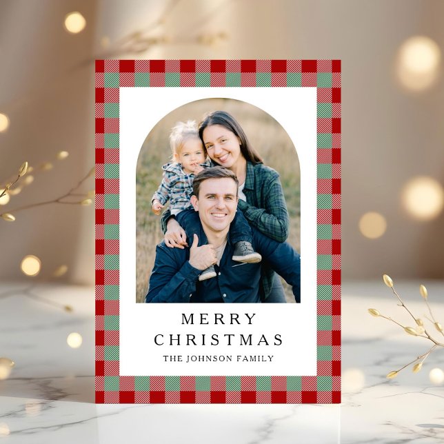Festiv rutig fotofirande jul julkort (Festive Gingham Photo Christmas Holiday Card)