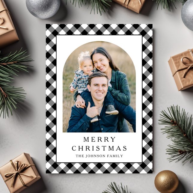 Festiv rutig fotofirande jul julkort (Festive Gingham Photo Christmas Holiday Card)