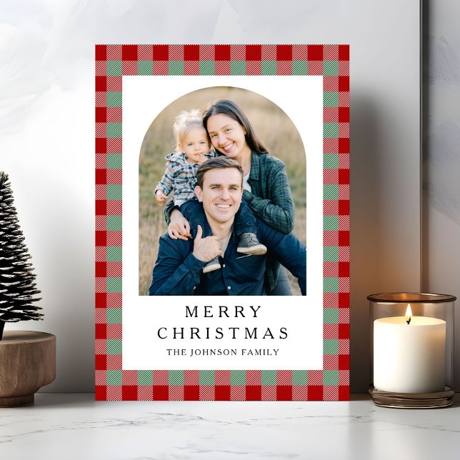 Festiv rutig fotofirande jul julkort (Festive Gingham Photo Christmas Holiday Card)
