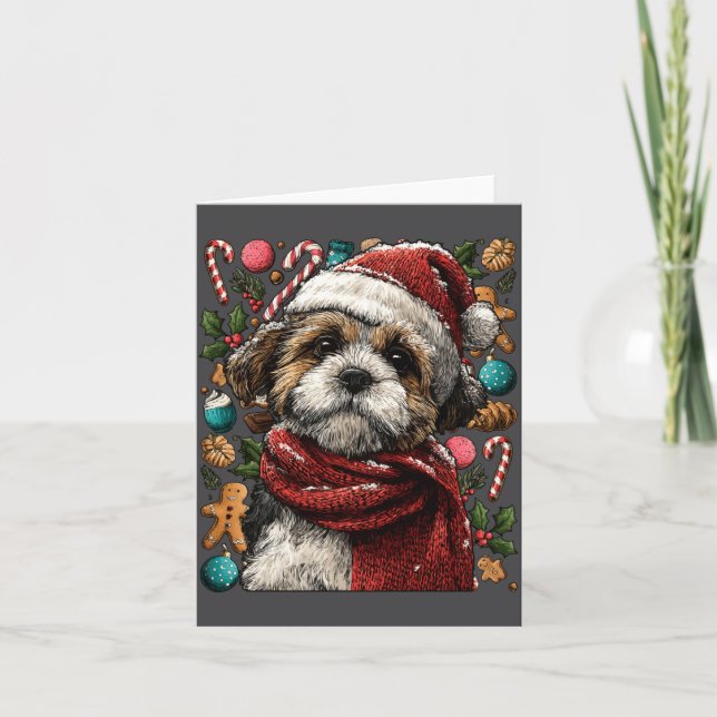 Festiv Shih Tzu Med Tomtehatt Snöig Vinter Jul Kort (Framsida)